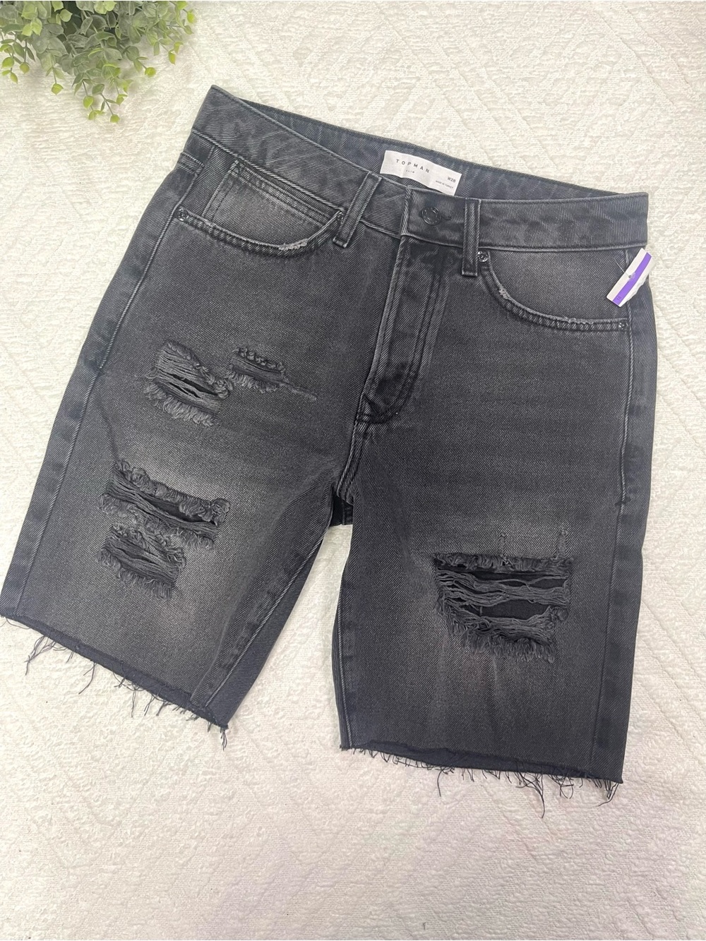 Topman Black Distressed Denim Jean Shorts Slim Fit Men's W28 Grunge Streetwear